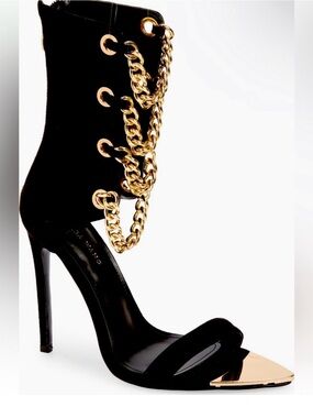 Black Stiletto Sandal with Gold Chain Accent - Zips in the back